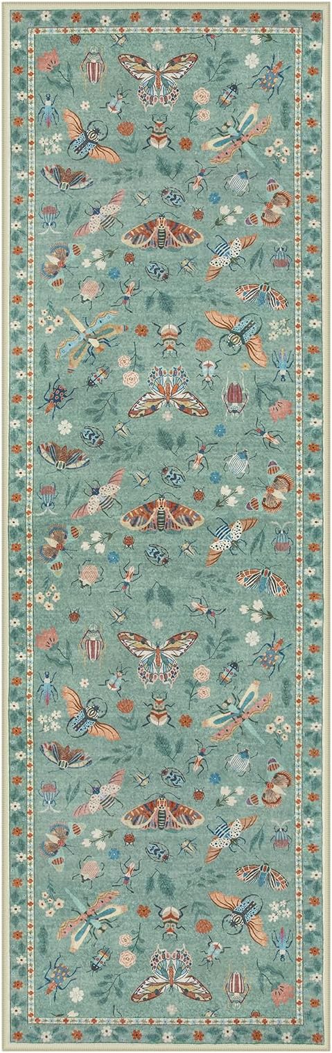 Lahome Insect Hallway Runner Rug, 2'5''x8' Ultra-Thin Washable Runners for Hallways Kitchen, Soft Laundry Room Rug Non-Slip Long Carpet for Entryway Bedroom Bathroom, Green
