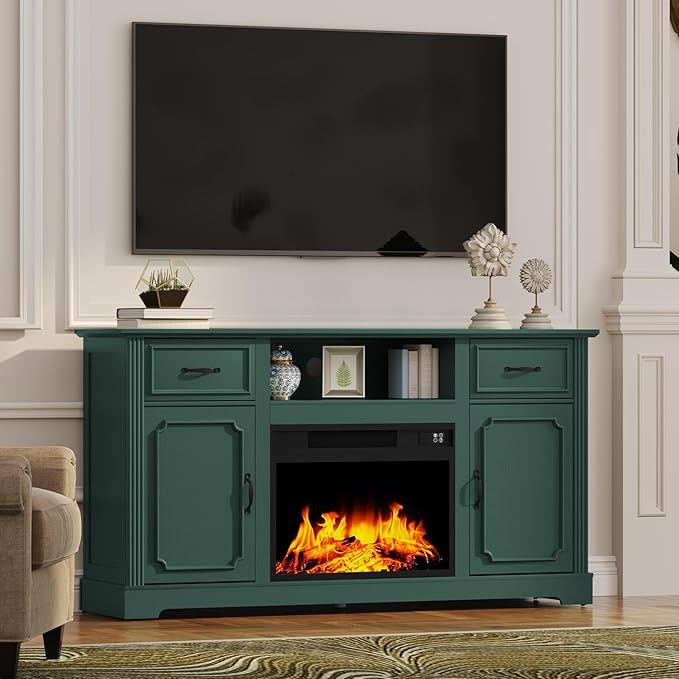 ARTPOWER Fireplace TV Stand for TV up to 65'', Consoles Cabinet with Adjustable Shelves, Modern Entertainment Center with Storage for Living Room, Green