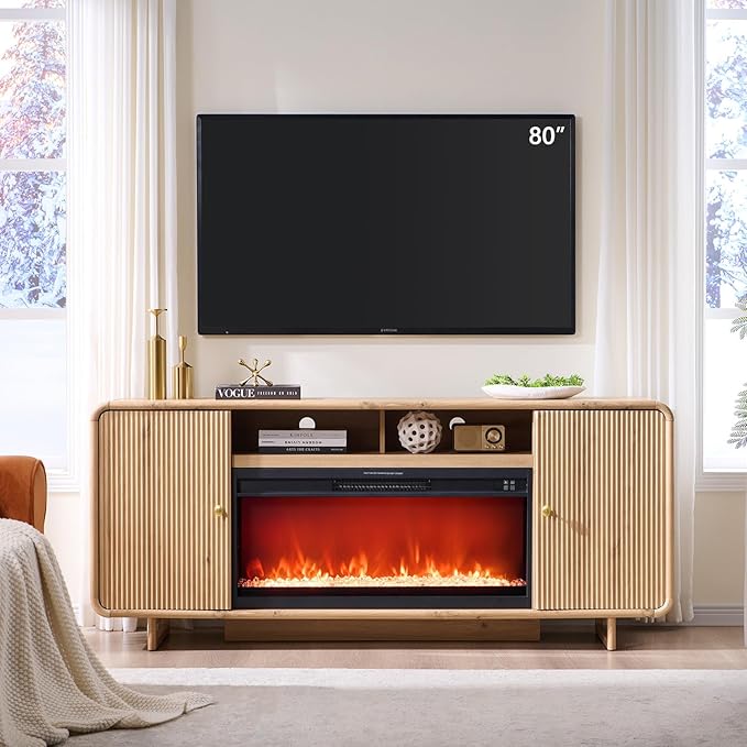 70" Fluted Fireplace TV Stand for 80 Inch TV, Modern Entertainment Center w/36'' Electric Fireplace, Wood Media Console w/Curved Profile Design and Adjustable Shelves for Living Room,Natural Oak