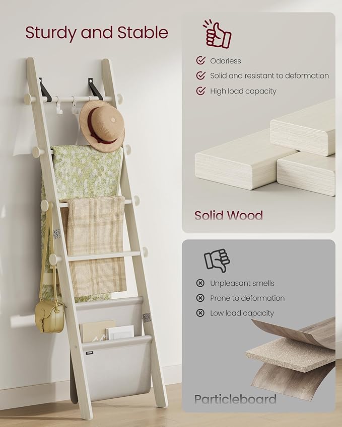 VASAGLE Blanket Ladder for Living Room, 5-Tier Wooden Ladder Shelf, Decorative Farmhouse Blanket Rack with Synthetic Leather Bag, Metal Hooks, Side Hooks, for Bedroom, Cream White ULLS022W01