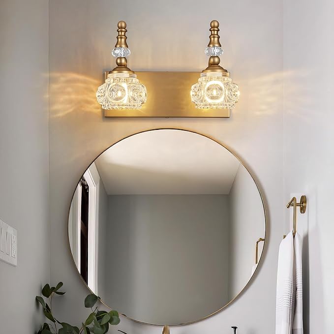 Modern Glass Crystal Vanity Light - Vintage Bathroom Lighting Fixtures Over Mirror, 2 Light Vanity Lights G9 Bulb (11.81 Inch,Brass)