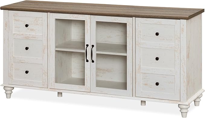WAMPAT Farmhouse TV Stand for TVs Up to 65 inches, Wood TV Cabinet with Glass Door & Adjustable Shelves, Rustic Entertainment Center for for Living Room Bedroom, 58Inch, Antique White