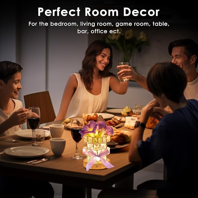 Purple Morning Glory Flower Table Lamp, Artificial Flowers Birthday Gifts for Women Mom Grandma Sister, Rechargeable Battery Powered Cordless Touch Crystal Night Light, Kitchen Bedroom Office Decor