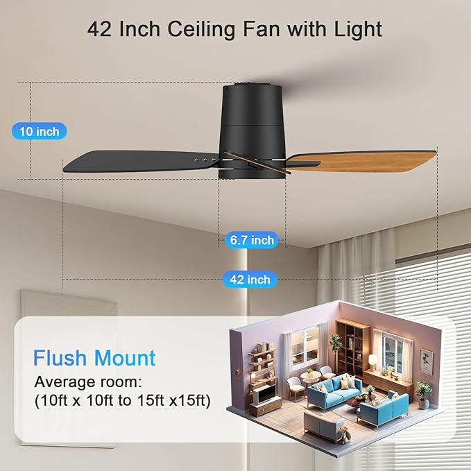 Ceiling Fans with Lights,42 inch,Quiet Reversible Motor,Easy to Install,6 Speeds,3CCT,Timer, Black Modern Ceiling Fan for Living Room, Bedroom, Kitchen, Dining room, Office