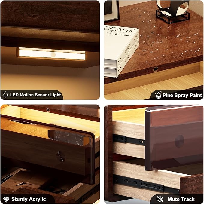 Solid Wood Floating Nightstand Smart Bedside Table, LED Nightstand, Wall Mounted Sensor NightStand with Storage for Bedroom, Dorm Small Space, Dark Walnut