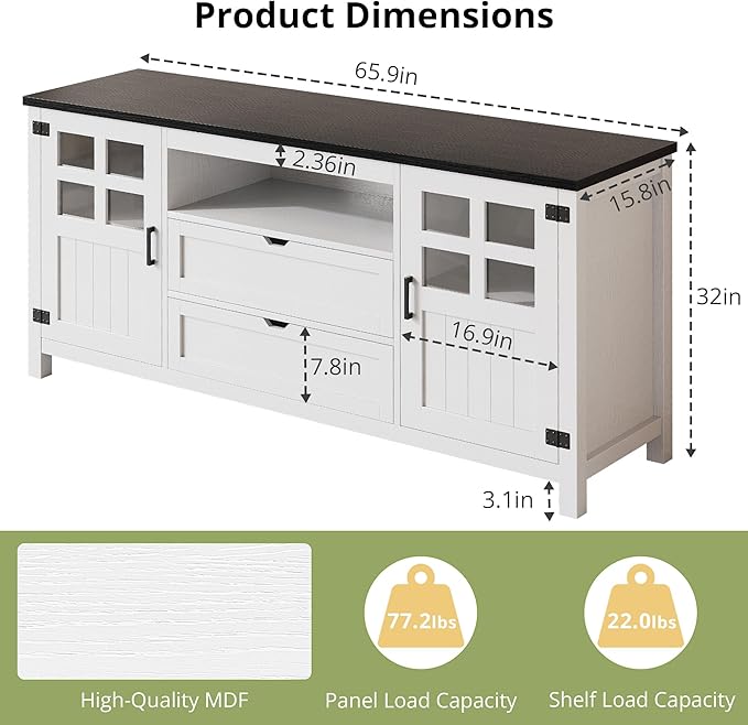 65 Inch TV Stand, Entertainment Center with Storage Cabinets, Mid Century Modern TV Console, Fits TVs up to 75" for Living Room & Bedroom (Classical White)