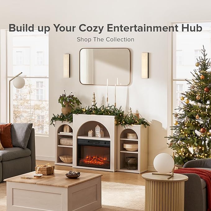 Mopio Blake 59" Arched TV Stand for 32/42/55/60/65 Inch TVs, Fireplace Mantel, Modular Side Storage Shelves, Entertainment Center for Living Room, TV Table Credenza, Media Console (White, With Insert)