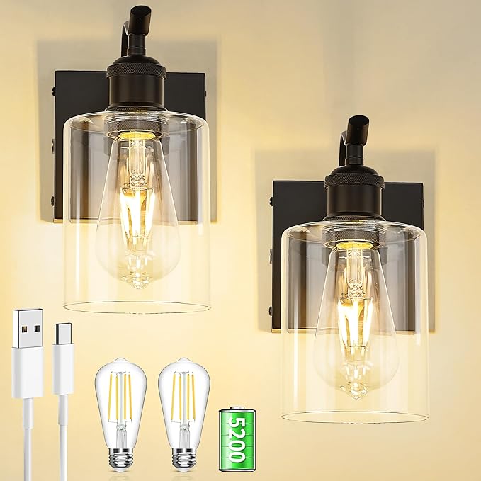 Wall Sconces Set of 2 Battery Operated, Black Rechargeable Wall Lights with 5200mAh Battery Powered Wall Lamps Brightness Adjustable Touch Control, ZCVL01BK-1A-2P