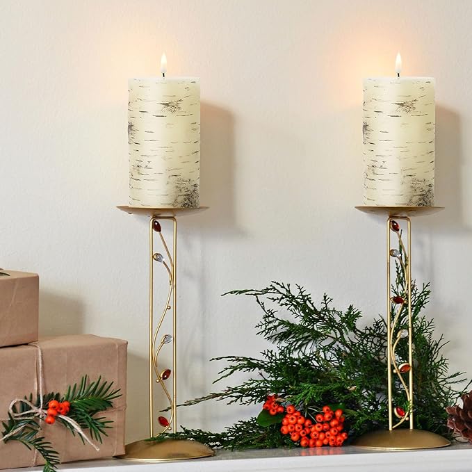 Eywamage Birch Bark Flameless Pillar Candles with Remote, Flickering Rustic Battery LED Wood Candles Set of 3