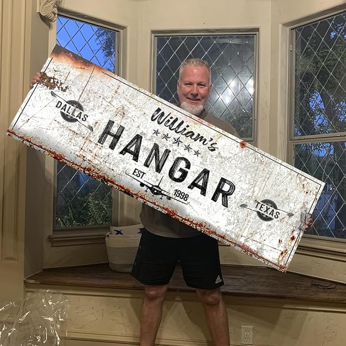 TAILORED CANVASES Hangar Sign - Personalized Aviation Hangar, Ready-to-Hung Aviation for Wall Decor and Airplane decor, Indoor and Outdoor Personalized gifts for men or Pilot Gifts - 8x24