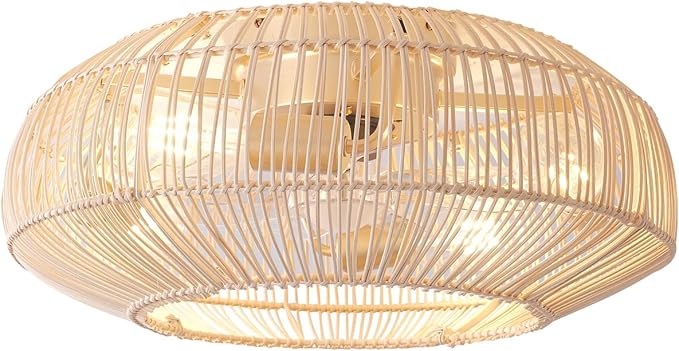 20'' Boho Rattan Ceiling Fan with Light, Coastal Caged Ceiling Fans with Lights and Remote Control, Enclosed Hidden Flush Mount with Reversible 6 Speeds for Living Room Bedroom Nursery