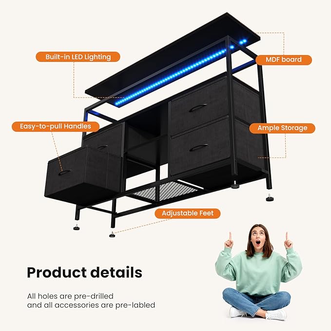 Sweetcrispy TV Stand Dresser for Bedroom 4 Drawers Entertainment Center with LED Lights and Power Outlets Media Console for 50 Inch TV Living Room Furniture with Open Shelf Adjustable Feet, Black