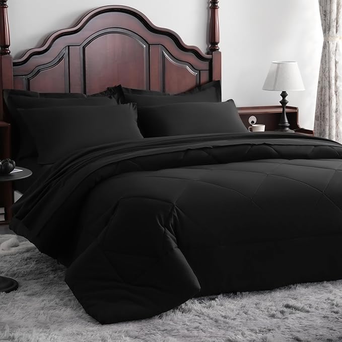 NTBAY King Comforter Set with Sheets, 7 Pieces Soft and Breathable King Bedding Set, Bed in a Bag, Down Alternative Comforter Set Solid Color All Season, King Bedding Set, Black