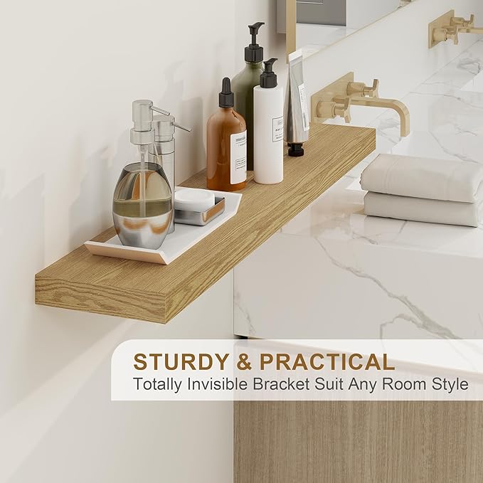 Fun Memories 72Inch Floating Shelves,Wall Mounted Rustic Wood Floating Shelf with Invisible Brackets for Storage & Decor,2 Pack Shelves for Bathroom,Bedroom and Kitchen,Oak