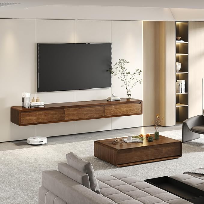 Solid Wood Floating TV Stand, Wall Mounted Entertainment Center with 2 Drawers, Floating TV Shelf for Living Room Bedroom & Office (Walnut, 71in)