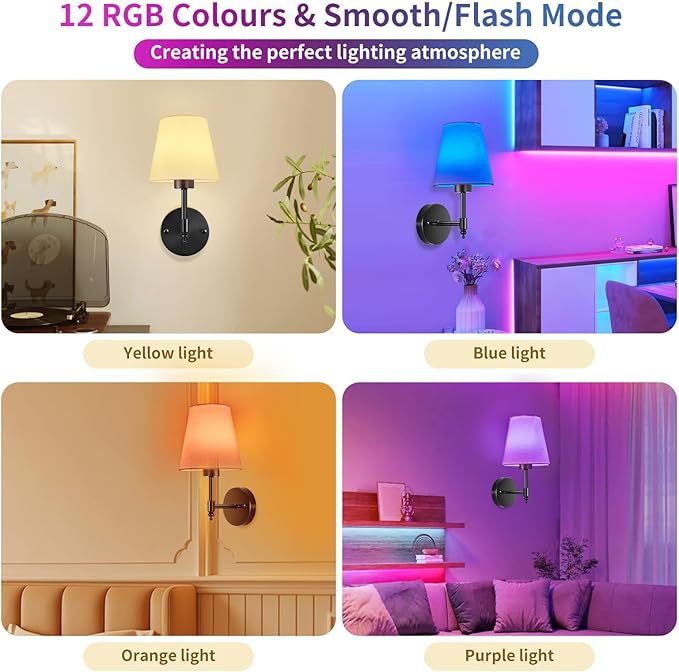 Battery Operated Wall Sconces Set of Two, Rechargeable Wireless Wall Lights with RGB Dimmable Magnetic Bulb and Remote,15 Colors Options Wireless Wall Lamps for Bedroom Living Room Hallway -black