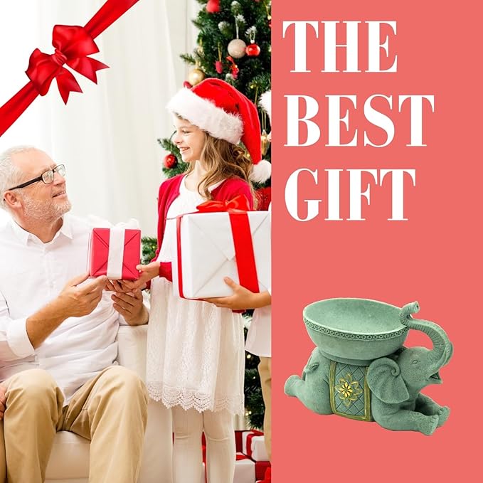 Elephant Decor Resin Sculpture with Tray – Antique Style Animal Figurine for Home, Office, Bookshelf, TV Stand – Unique Gift for Women, Moms, Friends(Green Elephant Tray)