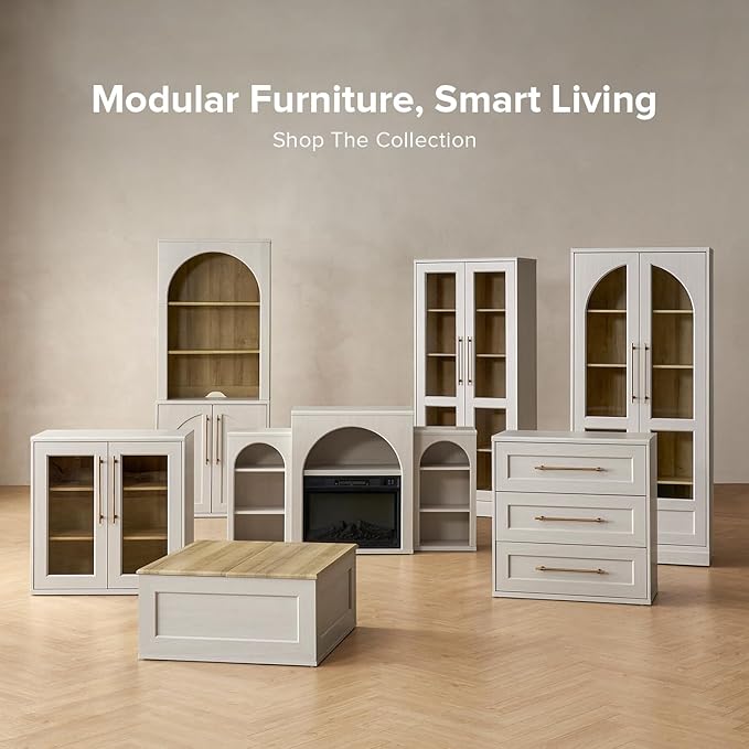 mopio Blake 59" Arched TV Stand for 32/42/55/60/65 Inch TVs, Fireplace Mantel, Modular Side Storage Shelves, Entertainment Center for Living Room, TV Table Credenza, Media Console (White, No Insert)