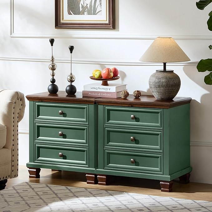 Farmhouse Nightstand with 3 Drawers, Rustic Couch End Table with 4 Square Solid Wood Legs, Mid-Century Vintage Bed Side Table with Storage, Small Dresser for Bedroom, Living Room, Green