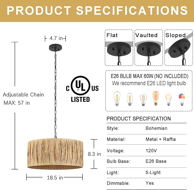 5-Light Boho Chandelier Light Fixture, 18.5" Large Raffia Drum Chandelier Hand Woven Coastal Pendant Light for Dining Room Kitchen Entryway Foyer Bedroom