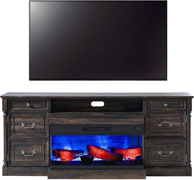 Farmhouse Fireplace TV Stand with 36 inch 3-Sided Glass Fireplace, 75 inch Large TV Console with Storage Cabinets and Drawers, Wood Entertainment Center for TVs up to 85 inch, Dark Oak