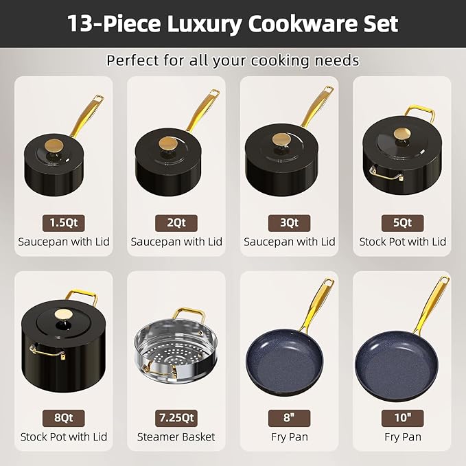 Nuwave Lux LE 13-Pc Cookware Set with Elegant Gold Handle, Diamond Infused Ceramic Non-Stick, PFAS Free, Premium Metal Lids, Ergonomic Stay-Cool Handles, Induction Ready & Compatible w/All Cooktops