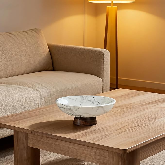 White Marble Decorative Bowl with Acacia Wood Base – 11" Modern Pedestal Fruit Bowl for Table Centerpiece, Entryway or Kitchen Décor