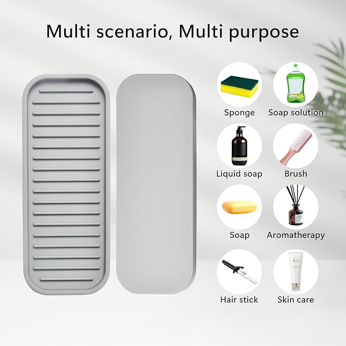 Gosmol Silicone Sponge Holder 2 Pack, Dish Soap Holder for Kitchen Counter, Waterproof Sponge Soap Tray for Kitchen Sink Bathroom, Multipurpose Sink Caddy Organizer for Soap Dispenser Light Grey