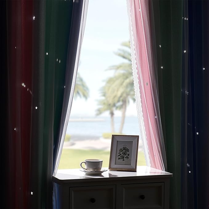 XiDi Pink & Rainbow Curtains for Kids & Girl Rooms - Blackout, Unicorn Wall Decals, 52x84 Inch