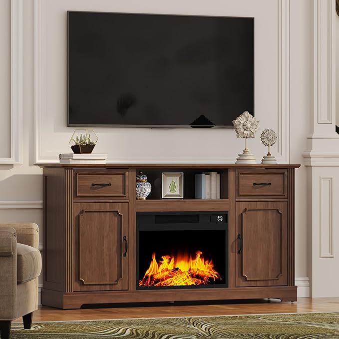 ARTPOWER Fireplace TV Stand for TV up to 65'', Consoles Cabinet with Adjustable Shelves, Modern Entertainment Center with Storage for Living Room, Walnut