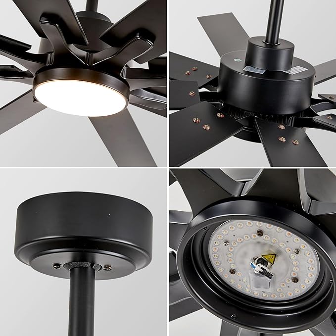 72 Inch Ceiling Fan with Lights, Large Outdoor Ceiling Fans with Light, Black Industrial Ceiling Fan 8 Blades For Great Room, Large Living Room Patio Farmhouse Damp Rated, Quiet Reversible DC Motor