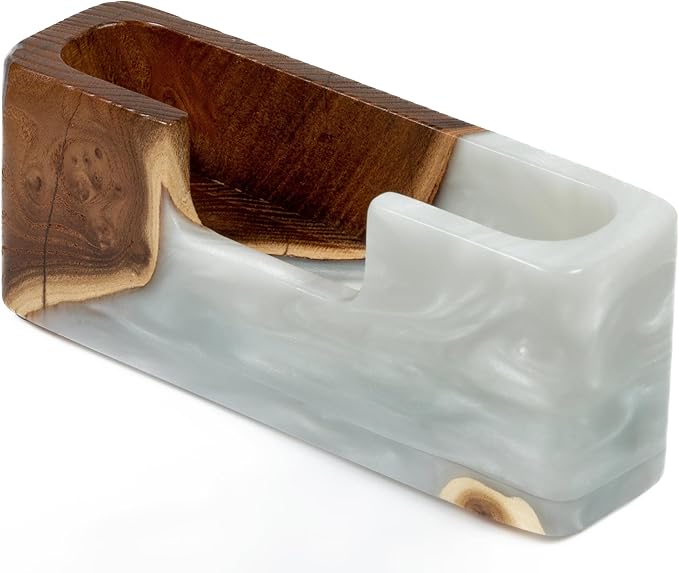 RWA Business Card Holder – Luxury Square Desk Organizer, Stylish Office Decor, Slim Card Holders - Wood & Epoxy Card Display Stand for Men and Women, Office Desk Accessories - SMART, platinum