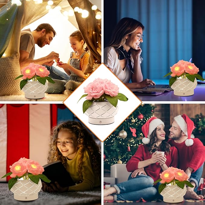 Roses Flower Touch Lamp,Rechargeable Cordless 3-Colour Dimming Small Night Light for Festival,Dining Room,Bedroom Home Decor Birthday Gifts-6 Rose