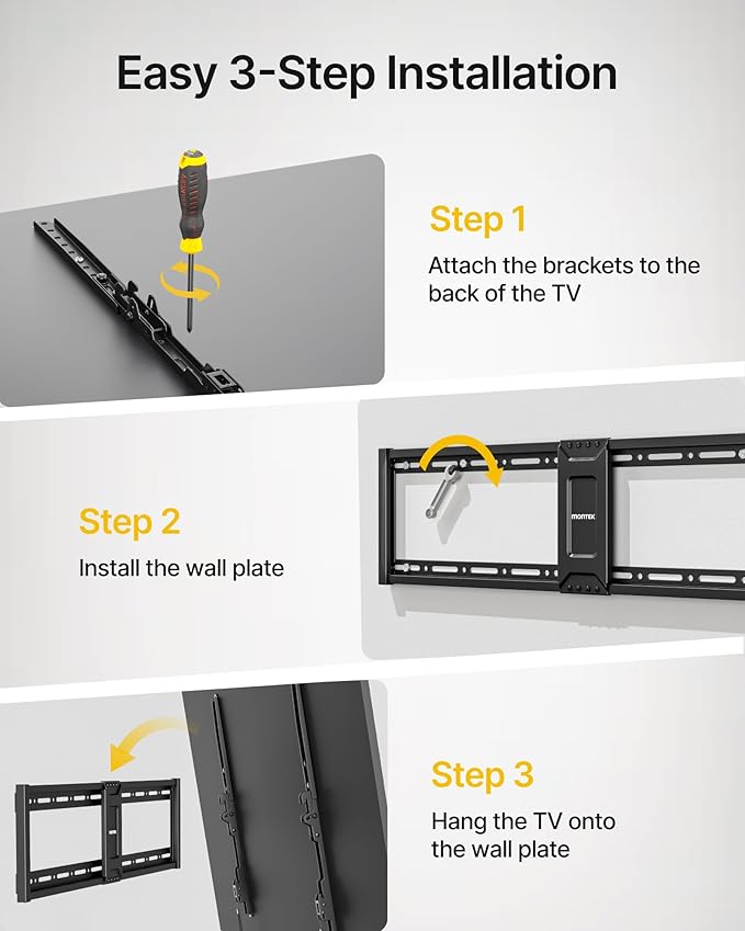 monTEK Heavy Duty Tilt TV Wall Mount for 43–100" Large Flat & Curved TVs, Holds 200 lbs, Ultra Slim Low Profile Bracket with 8° Tilt, Fits 16"/18"/24" Wood Studs, Max VESA 800x600, 4× Load Tested