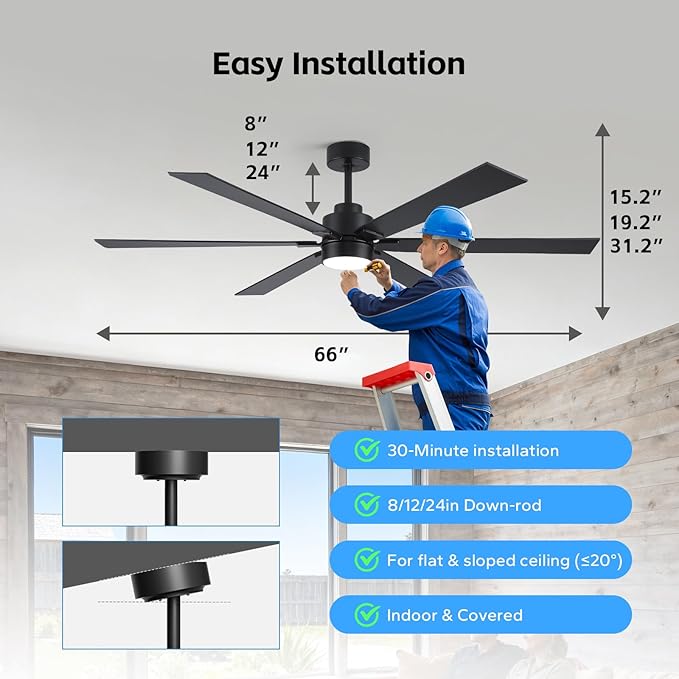 66" Outdoor Ceiling Fan with Light Remote, Wifi Smart Ceiling Fan with Light Alexa, Noiseless Reversible DC Motor, High CFM Damp Rated Ceiling Fans for Patios Porch Living Room Garage, Modern Black