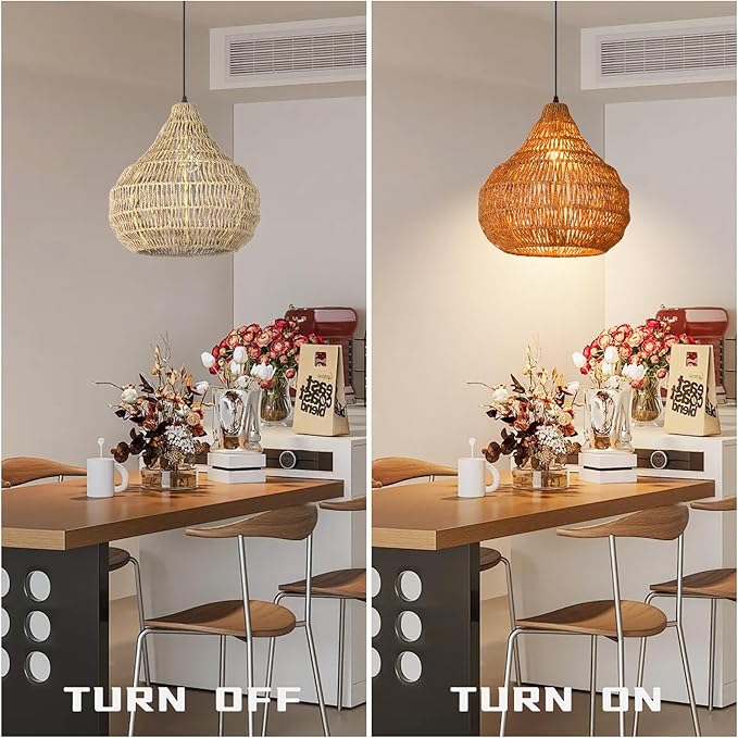 1 Light Seagrass Pendant Light for Kitchen Island, Farmhouse Rustic 13.77''W Small Woven Chandelier Ceiling Hanging Light Fixture Handmade Wicker Shade for Dining Room Shop Restaurants