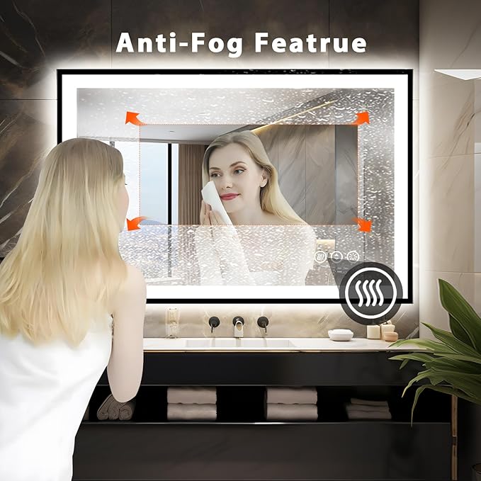 48x32 LED Mirror for Bathroom, Black Metal Framed, Vanity Mirror with Lights, 3 Color Modes, Dimmable CRI90+, Double Lights, Anti-Fog, Shatter-Proof, Waterproof, Memory (Horizontal/Vertical)