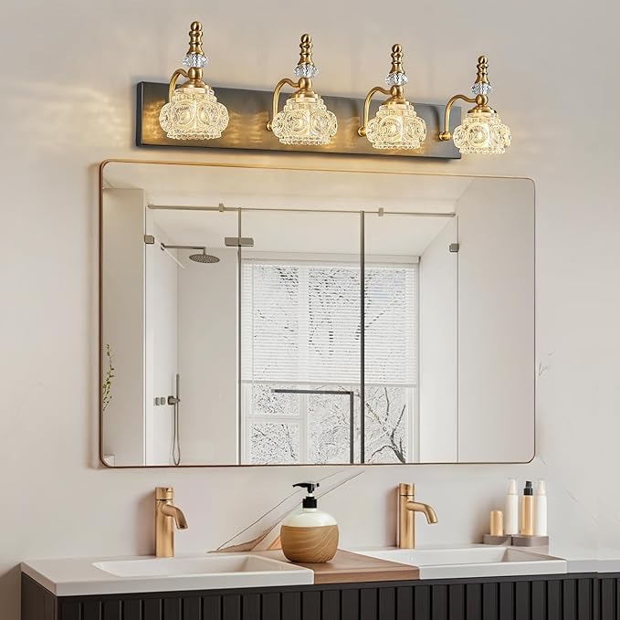 Bathroom Light Fixtures, Modern Glass Crystal Bathroom Vanity Light Vintage Bathroom Lighting Fixtures Over Mirror 4 Light Vanity Lights G9 Bulb (27.55 Inch, Black Gold)