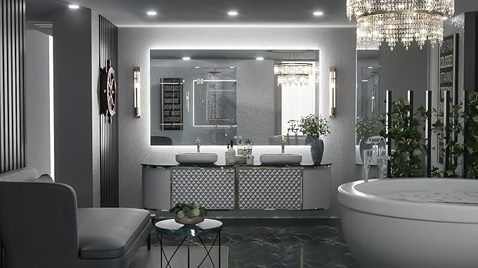 Keonjinn 48 x 28 Inch LED Bathroom Mirror with Backlit, Anti-Fog, CRI90+ HD Dimmable Vanity Mirror, High Lumen, Horizontal/Vertical Wall Mount, UL Listed Lighted Vanity Mirror, Waterproof