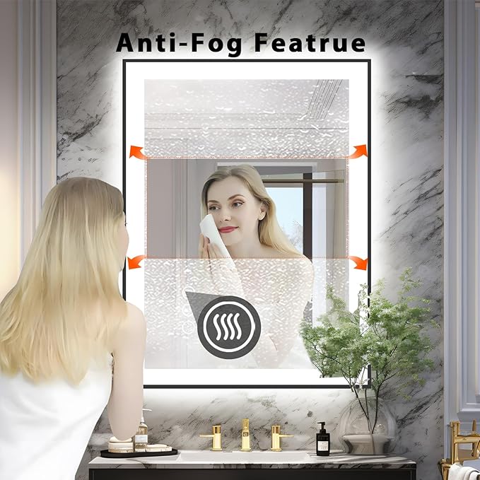 28x36 Lighted Bathroom Mirror, Wall-Mounted, Black Rim Mirror, Vanity(Front and Backlit), Stepless Dimmable CRI90+, Anti-Corrosion, Anti-Rust, Touch Sense, Memory(Horizontal/Vertical)
