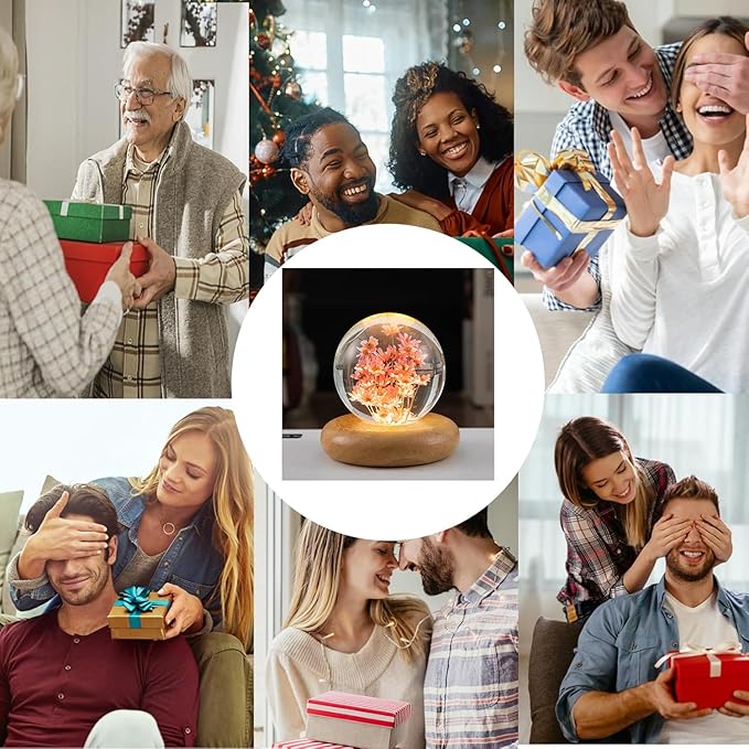 Birthday Gifts for Women, Daisy Crystal Ball Night Light, 2.76 inch Glass Ball Lamp with Wooden Base, Perfect Daisy Décor & Daisy Gifts for Mom(Red Daisy)