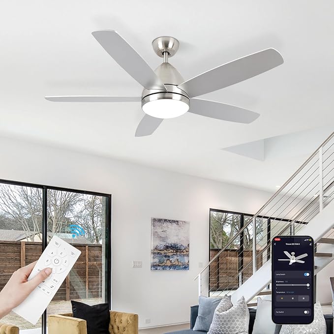 Smart Ceiling Fan with Light, Modern Nickel 52-Inch Outdoor Ceiling Fan and Remote/App, Dimmable Tri-Color LED and Reversible Motor for Indoor Bedroom/Outdoor Covered Patio