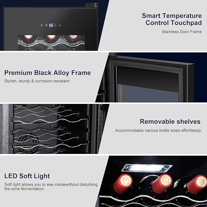 Wine Cooler with 41-68℉ Digital Temperature Control Stainless Steel 3.5 Cu.Ft 18 Bottle LED Light undercounter Glass Door Compressor Small Compact for Red, White and Champagne Beer