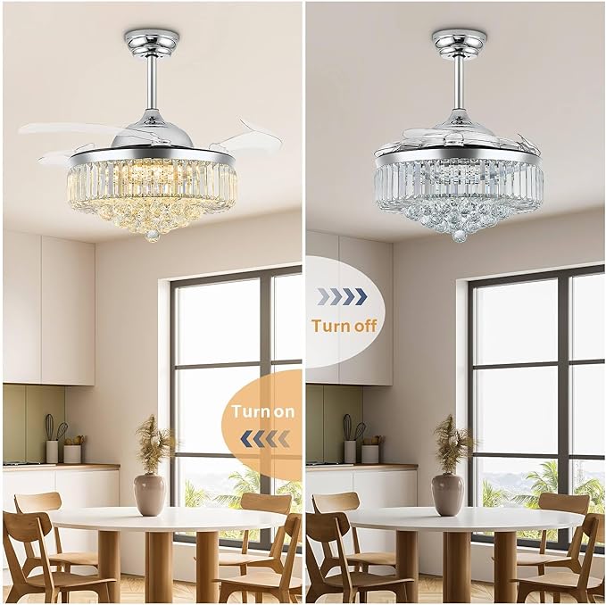 42'' Fandelier Ceiling Fan with Light, Retractable Chandelier Fan LED Dimmable Crystal Ceiling Fan for Bedroom Living Room Dining Room-Chrome