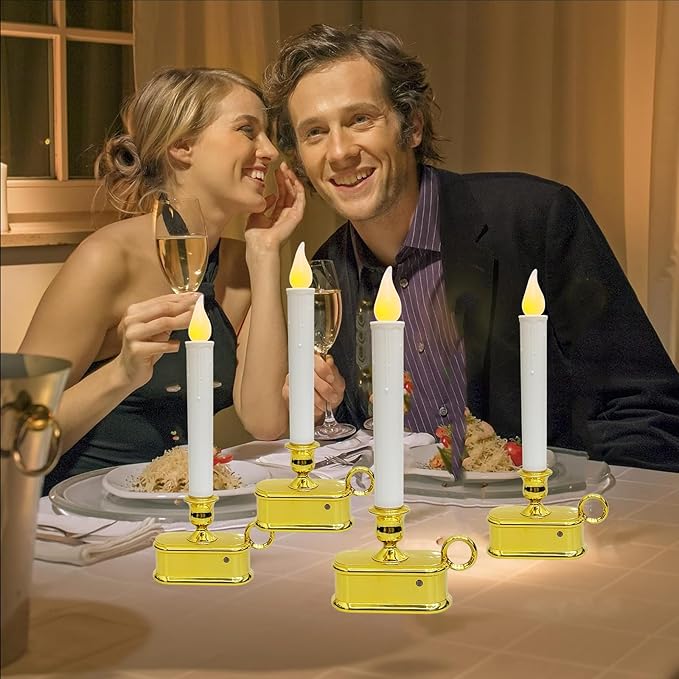 4 Pcs Christmas Electric Window Candles, 10 Inch LED Taper Candles Battery Operated with Sensor Dusk to Dawn, Gold Base