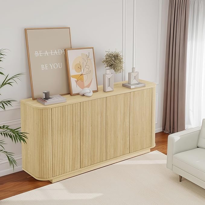 64" Sideboard Buffet Cabinet with Storage, Modern Fluted Accent Credenza with Adjustable Shelves, Wood Media Console Coffee Bar Table for Living Room Kitchen Dining Room, 31.5" H, Natural