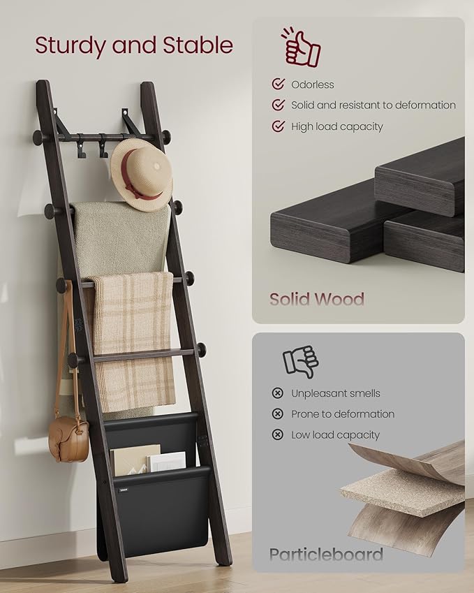 VASAGLE Blanket Ladder for Living Room, 5-Tier Wooden Ladder Shelf, Decorative Farmhouse Blanket Rack with Synthetic Leather Bag, Metal Hooks, Side Hooks, for Bedroom, Ink Black ULLS022B01