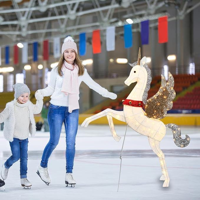 4.7ft Light Up Unicorn Christmas Decorations for Outdoor Indoor, 140 LED Lighted Yard Decoration with Waterproof Safe Material for Garden, Lawn, Party, Holiday, Ground Stakes Zip Ties, Plug and Play