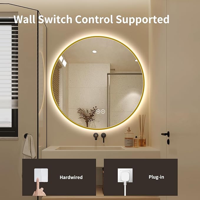 Round LED Bathroom Mirror with Gold Frame, 24V Backlight, 3 Color Temperatures, Dimmable, Memory Function, Defogging (Golden Border, 24" L x 24" W)