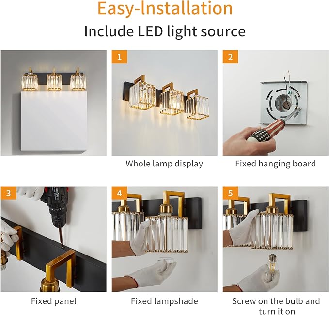 Modern Bathroom Vanity Light 3-Lights Black Gold Crystal Wall Lamp Bathroom Modern Crystal Vanity Lighting